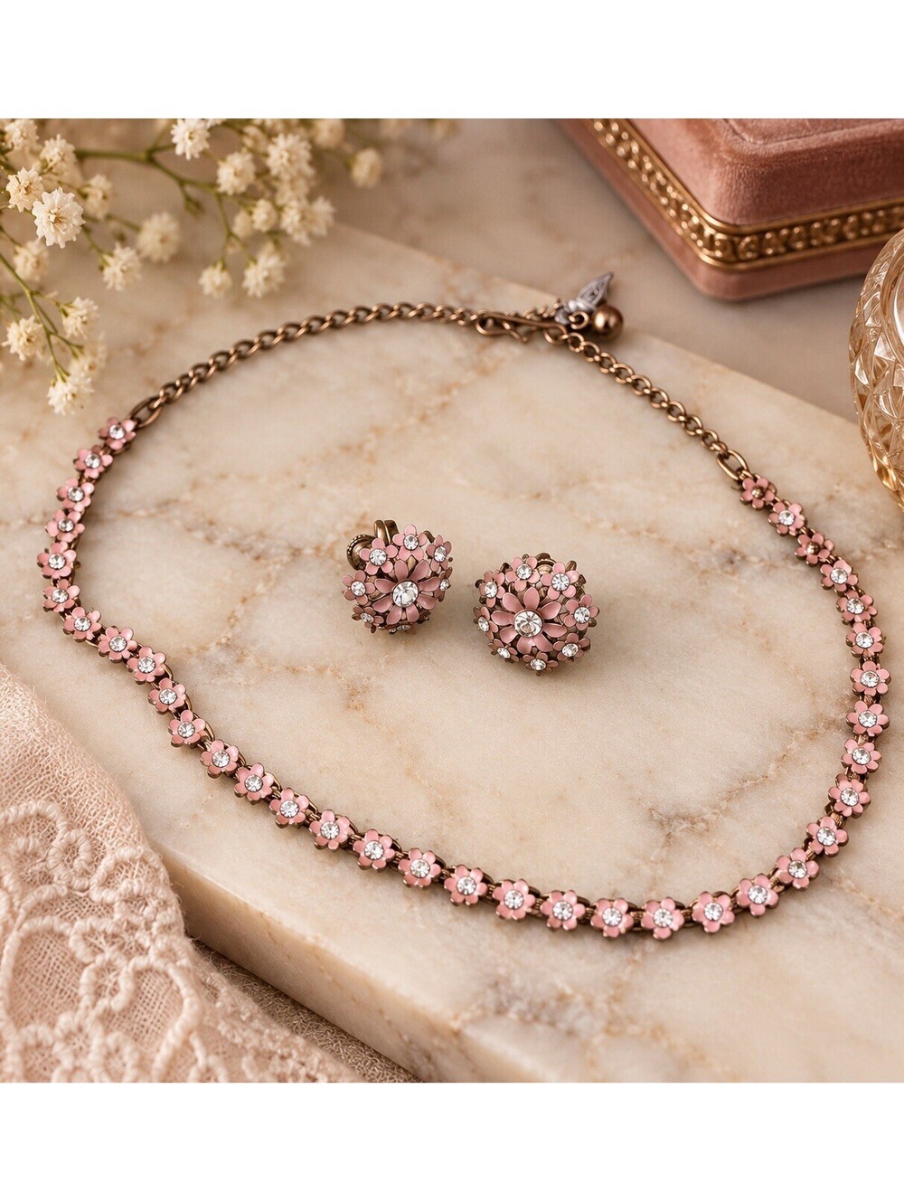 Vintage Pink Enamel Flower Rhinestone Necklace & Clip On Earrings Jewelry Set